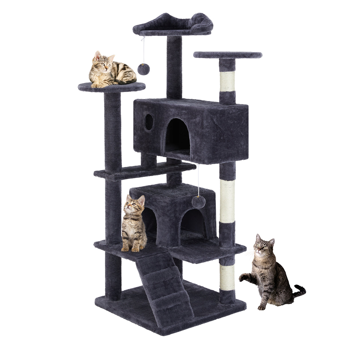 Charcoal gray multi-level cat tree with 2 condos