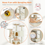Cat playing with dangling toys on beige cat tree