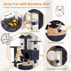 Dangling jingle balls and pom-pom toys on the cat tree