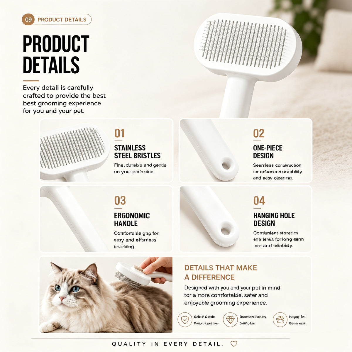 Self-cleaning slicker brush for cats, view 3