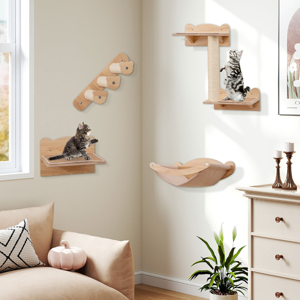 Cat wall furniture next to a window