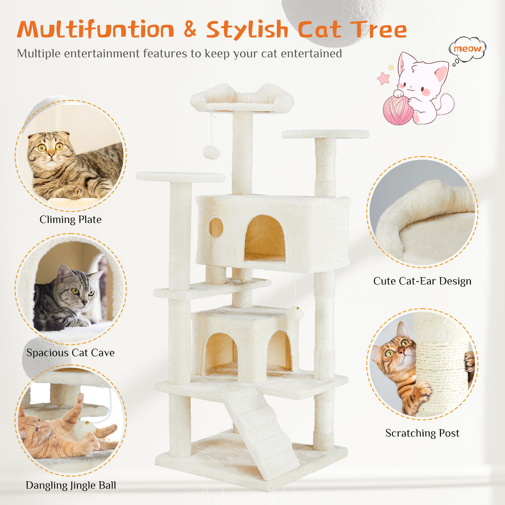 Cat tree features: climbing plates, cat cave, scratching post