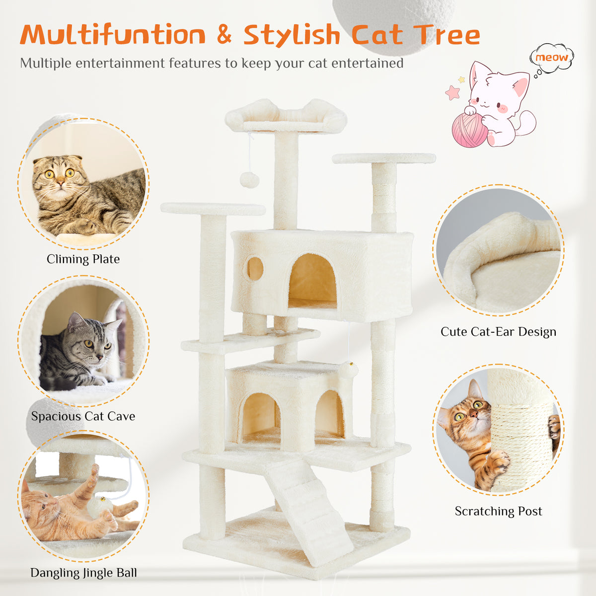 Cat tree features: climbing plates, cat cave, scratching post