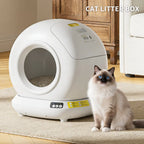 Self-cleaning cat litter box next to a cat