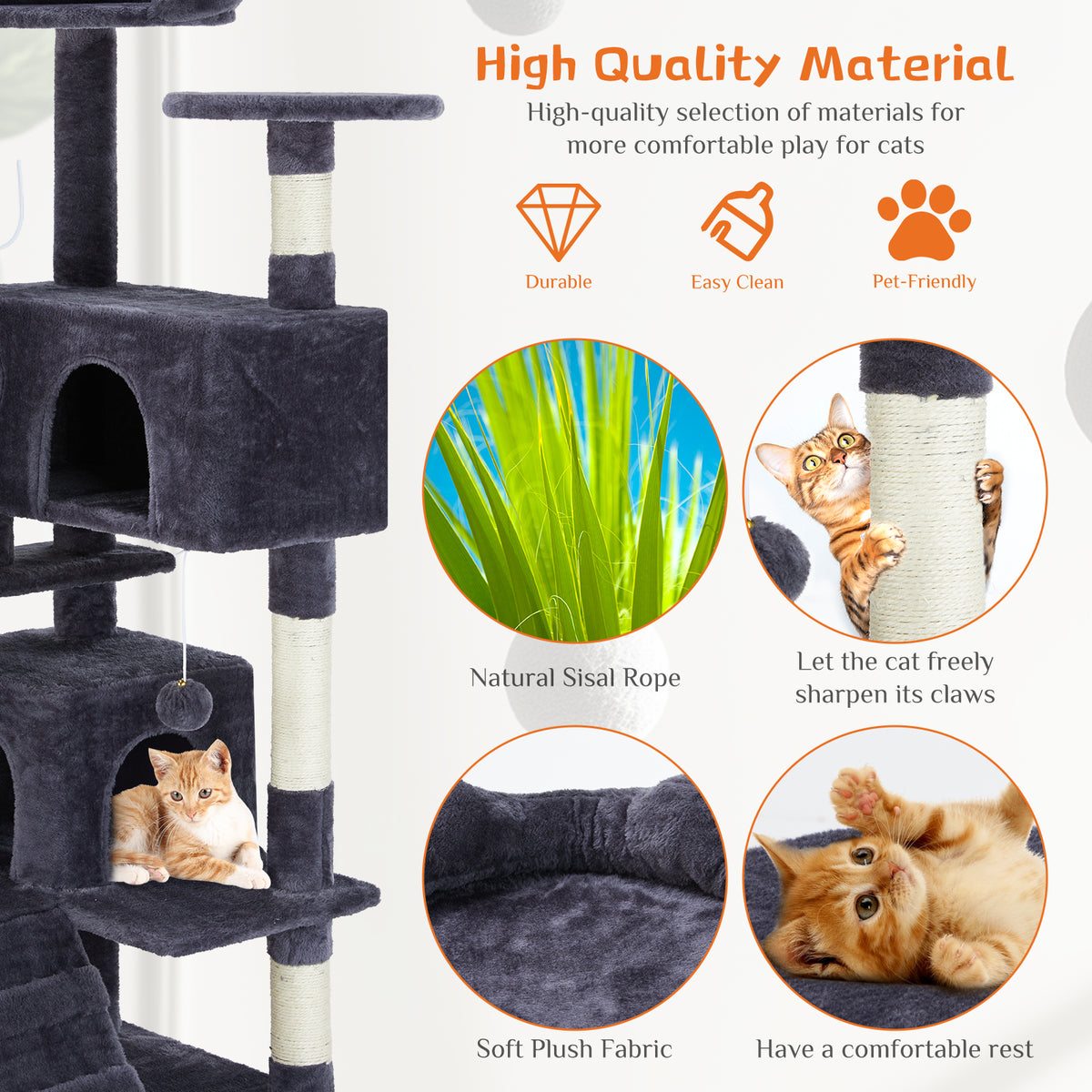 Charcoal gray cat tree materials close-up