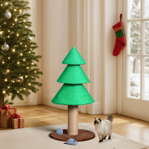 Christmas tree cat scratching post with a cat beside it