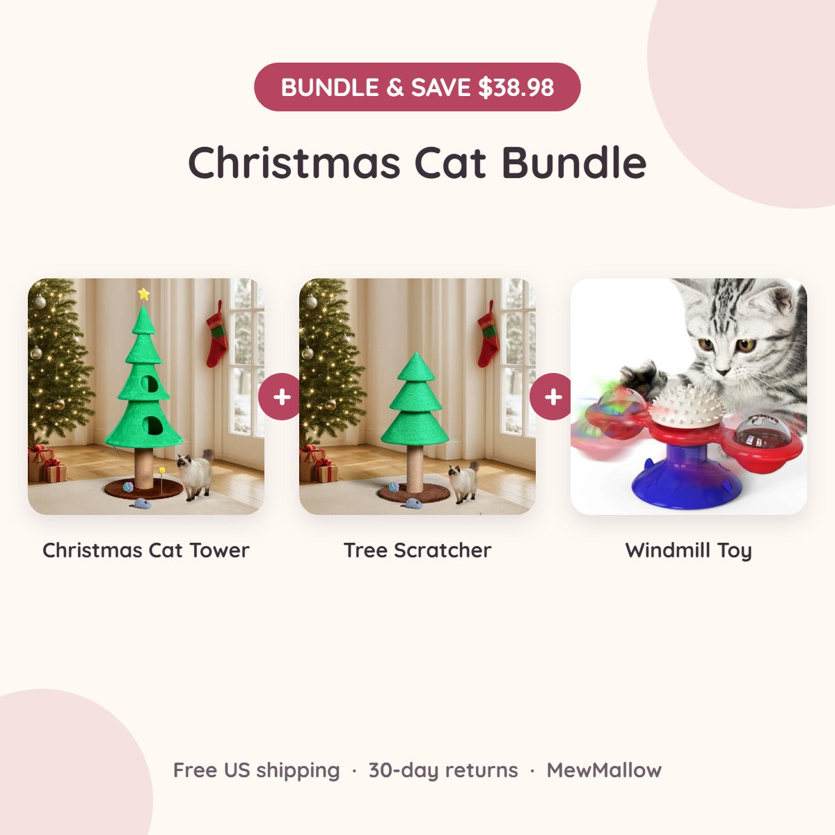 Christmas Cat Bundle: Christmas tree cat tower, tree scratching post and windmill toy