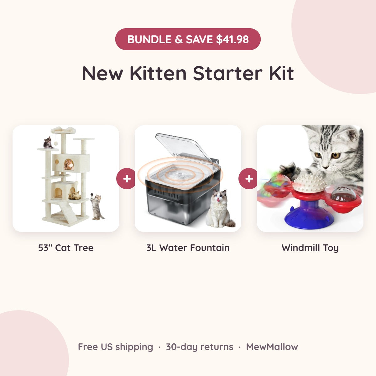 New Kitten Starter Kit: cat tree, water fountain and windmill toy