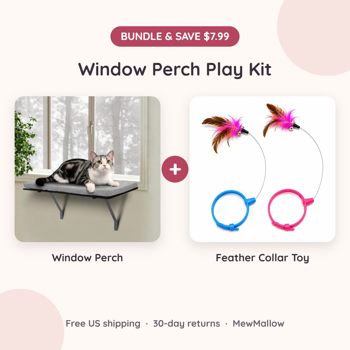 Window Perch Play Kit bundle: window cat perch plus feather collar toy