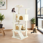 Beige cat tree in a bright living room