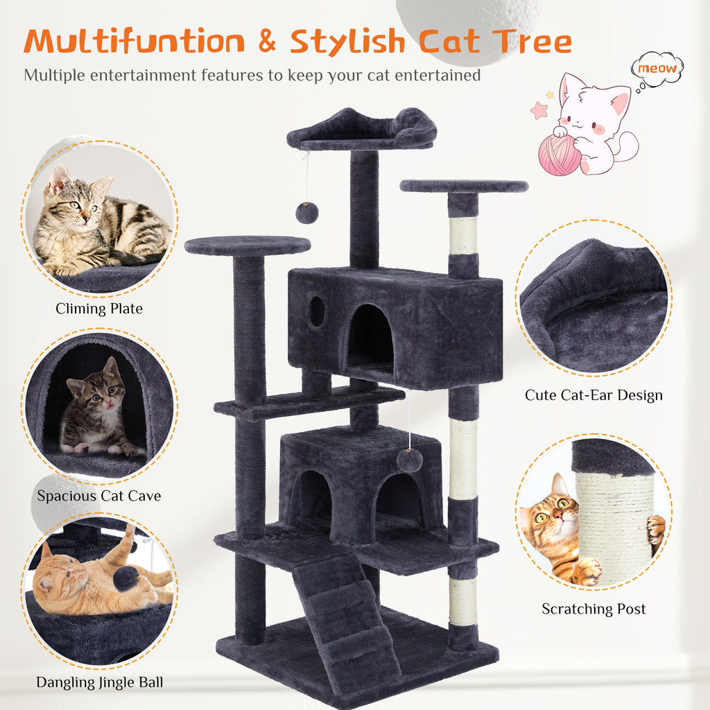 Charcoal gray cat tree features