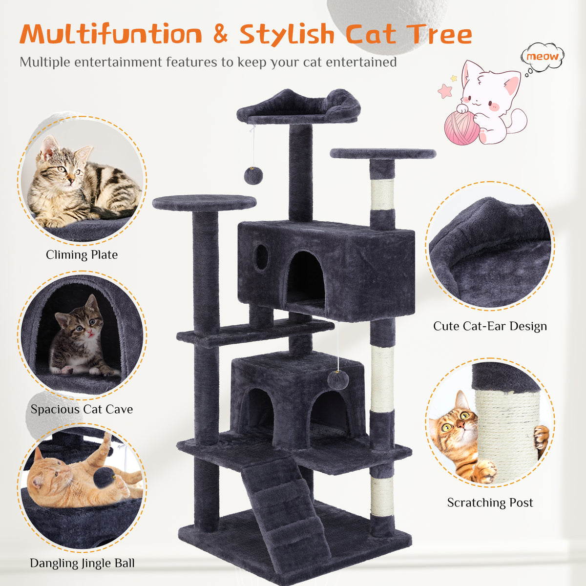 Charcoal gray cat tree features