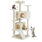 Beige multi-level cat tree tower with 2 condos and perches