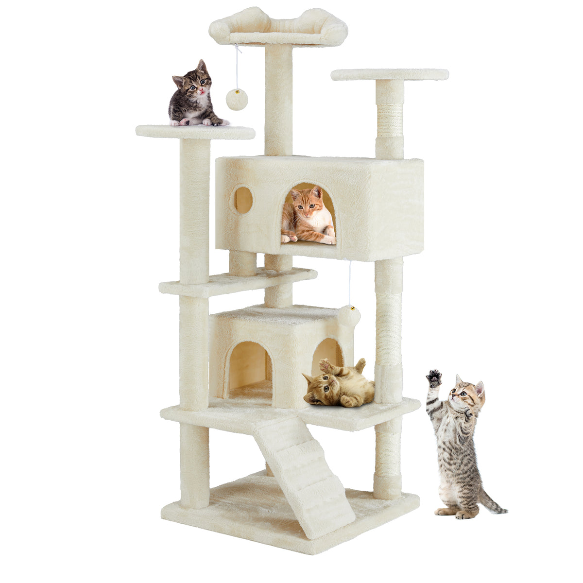 Beige multi-level cat tree tower with 2 condos and perches